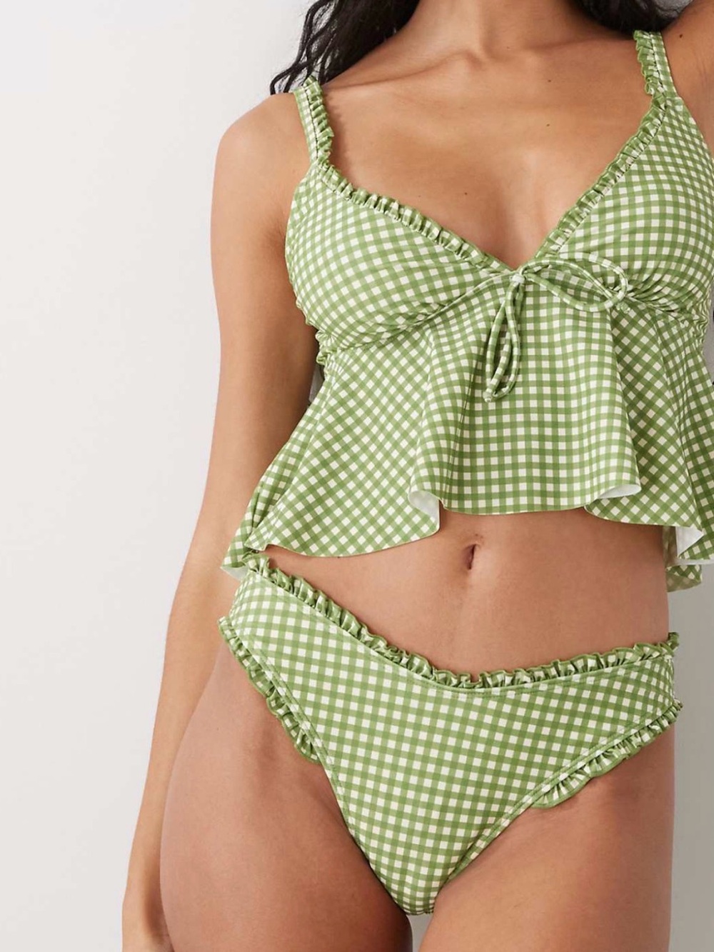 Reclaimed Vintage Green Gingham Ruffle Bikini Set